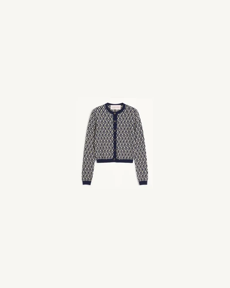 Valentino Garavani Woll-Cardigan Mit Toute La V Jacquardmuster Frau CREME/MARINEBLAU Creme