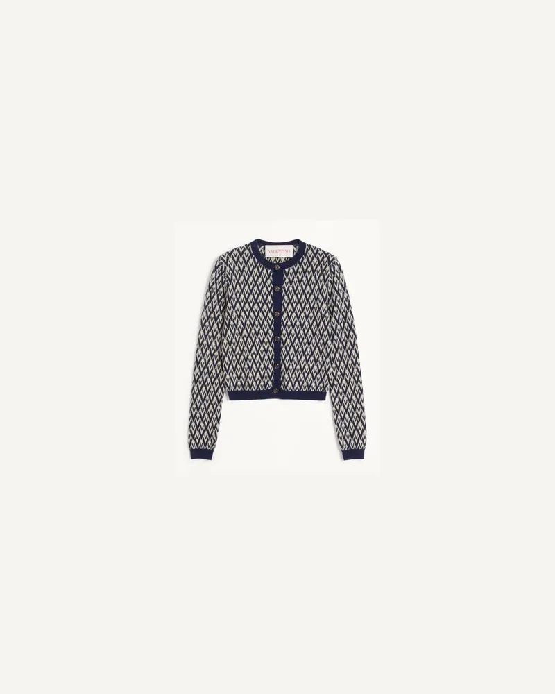 Valentino Garavani Woll-Cardigan Mit Toute La V Jacquardmuster Frau CREME/MARINEBLAU Creme