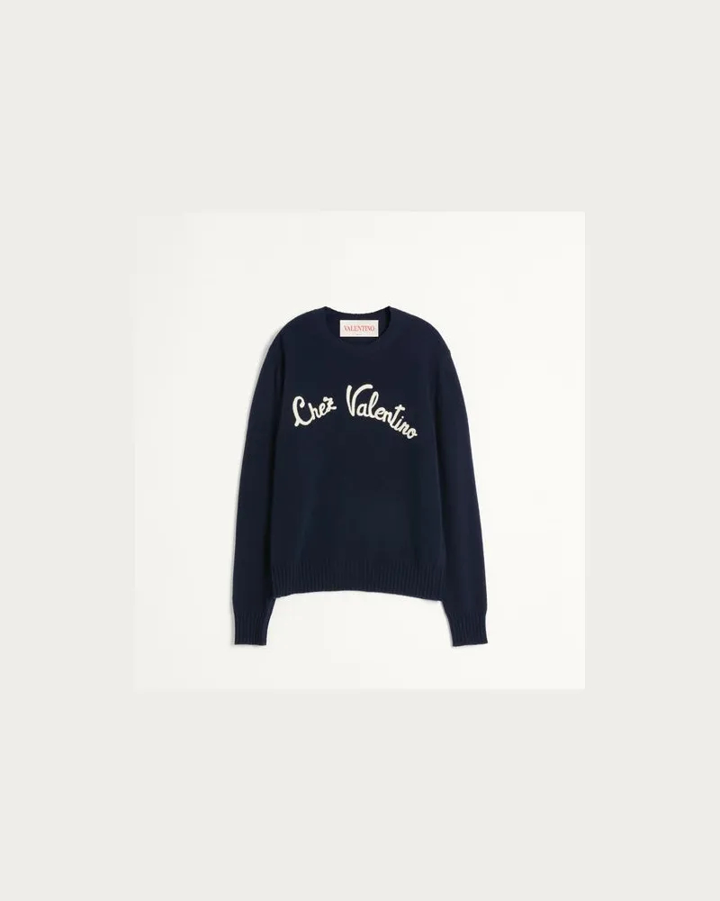Valentino Garavani Rundhalspullover Aus Wolle Mit Chez Valentino-Stickerei Mann BLAU Blau
