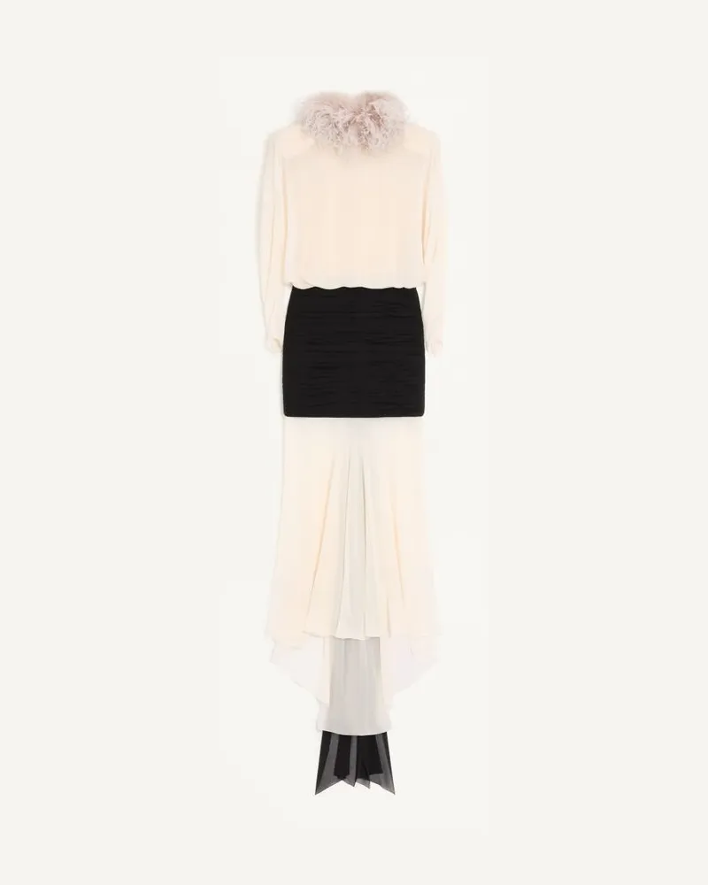 Valentino Garavani Langes Kleid aus Light Georgette mit Federn Frau VANILLE/SCHWARZ Vanille