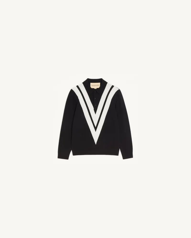 Valentino Garavani Valentino Woll-Poloshirt Mit V-Intarsie Mann SCHWARZ/BUTTER Schwarz