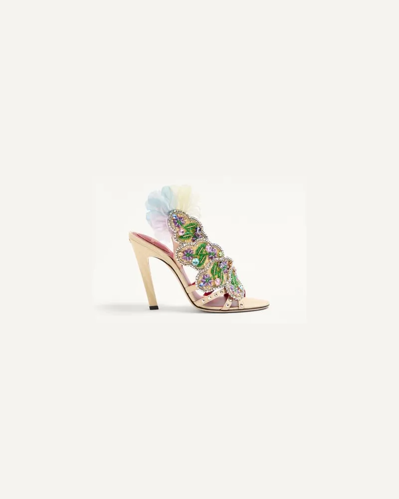 Valentino Garavani Dans Le Foyer Sandalen aus Moiré-Stoff mit Blumenstickerei und Federn 105 mm Frau MULTICOLOR Multicolor
