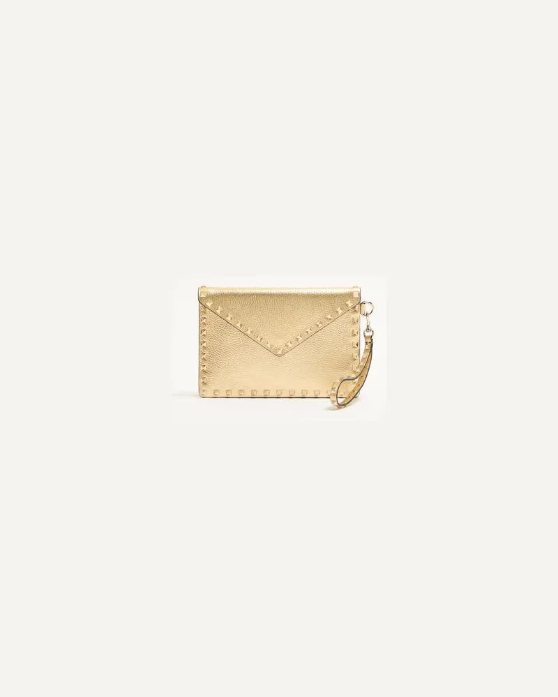 Valentino Garavani Rockstud Clutch Aus Laminiertem, Genarbtem Kalbsleder Frau ANTIQUE BRASS Antique