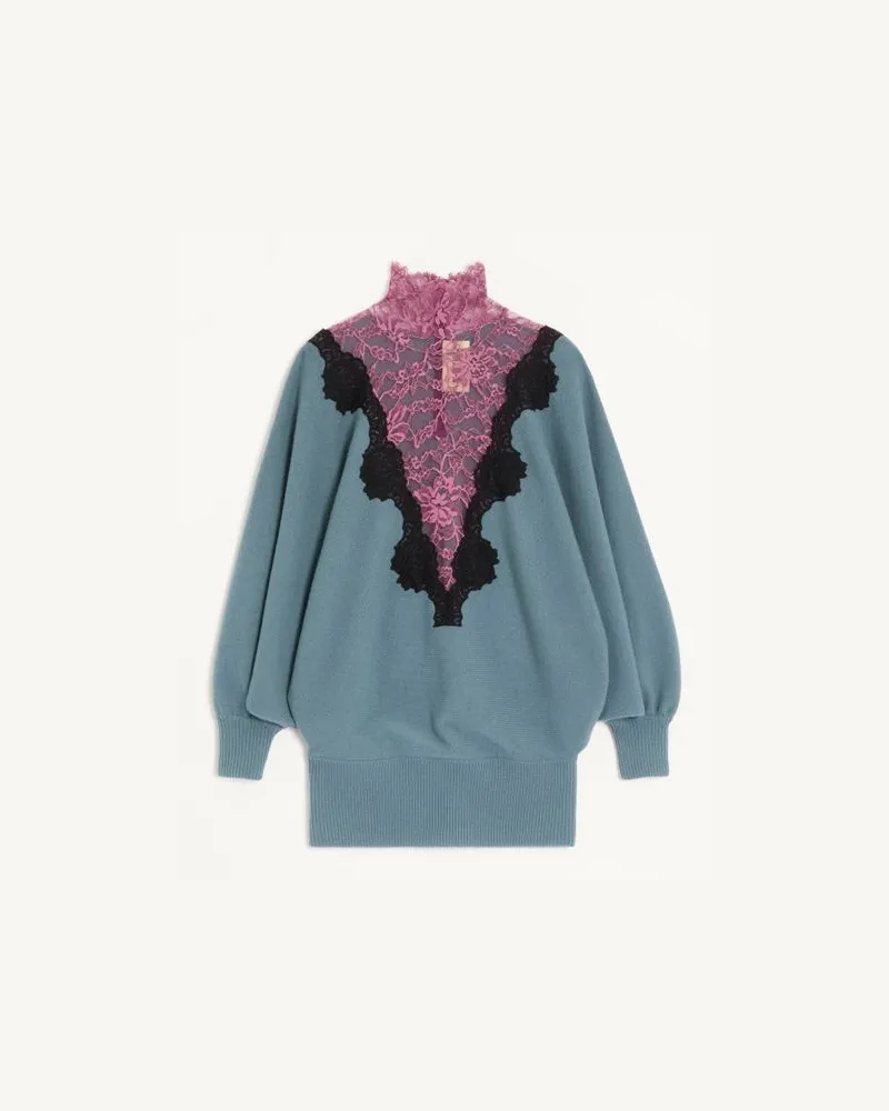 Valentino Garavani Wollpullover mit Spitze Frau PETROL/SCHWARZ/ROSA Petrol