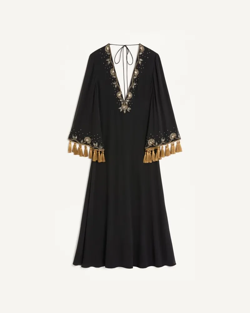 Valentino Garavani Besticktes Midi-Kleid Aus Leichtem Georgette Frau SCHWARZ/GOLD Schwarz
