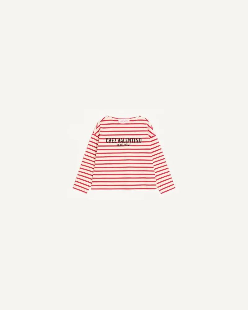 Valentino Garavani Gestreiftes T-Shirt Aus Baumwolljersey Frau ELFENBEIN/ROT Elfenbein