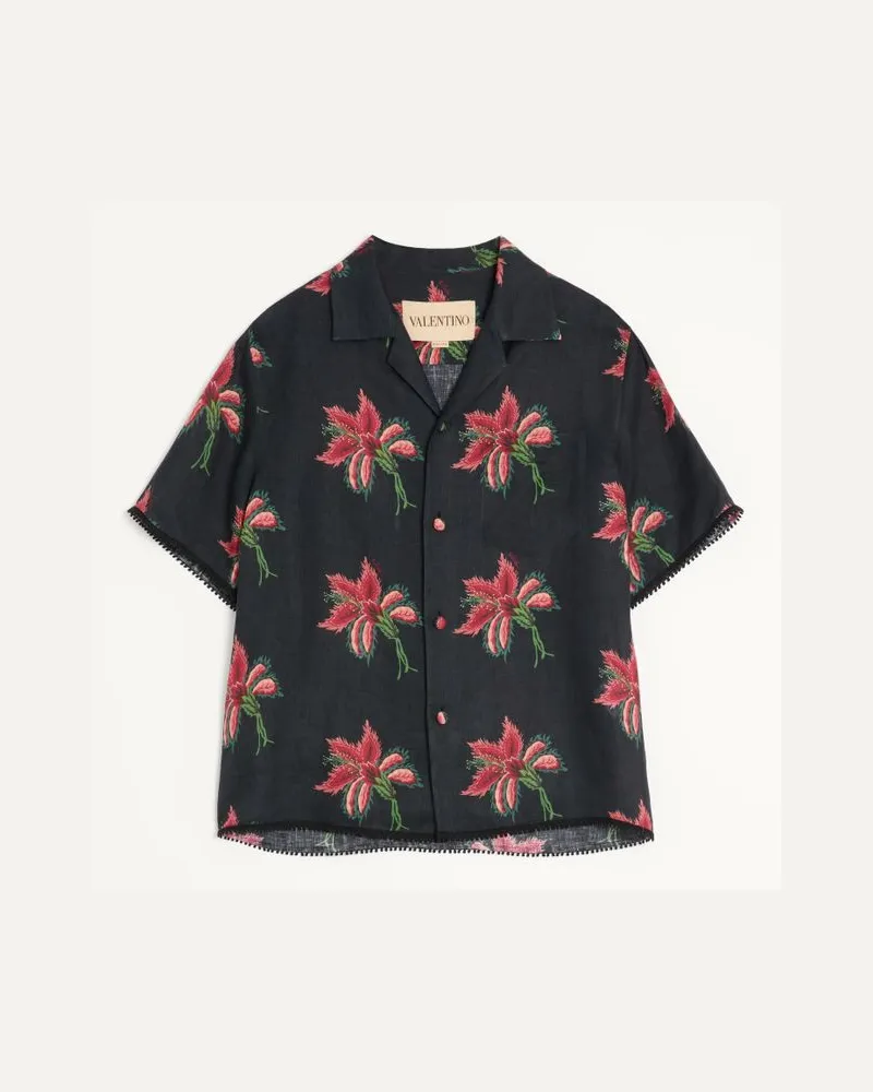 Valentino Garavani Valentino Bowlinghemd aus Leinen mit Papier Floral-Print Mann SCHWARZ/ ROT Schwarz