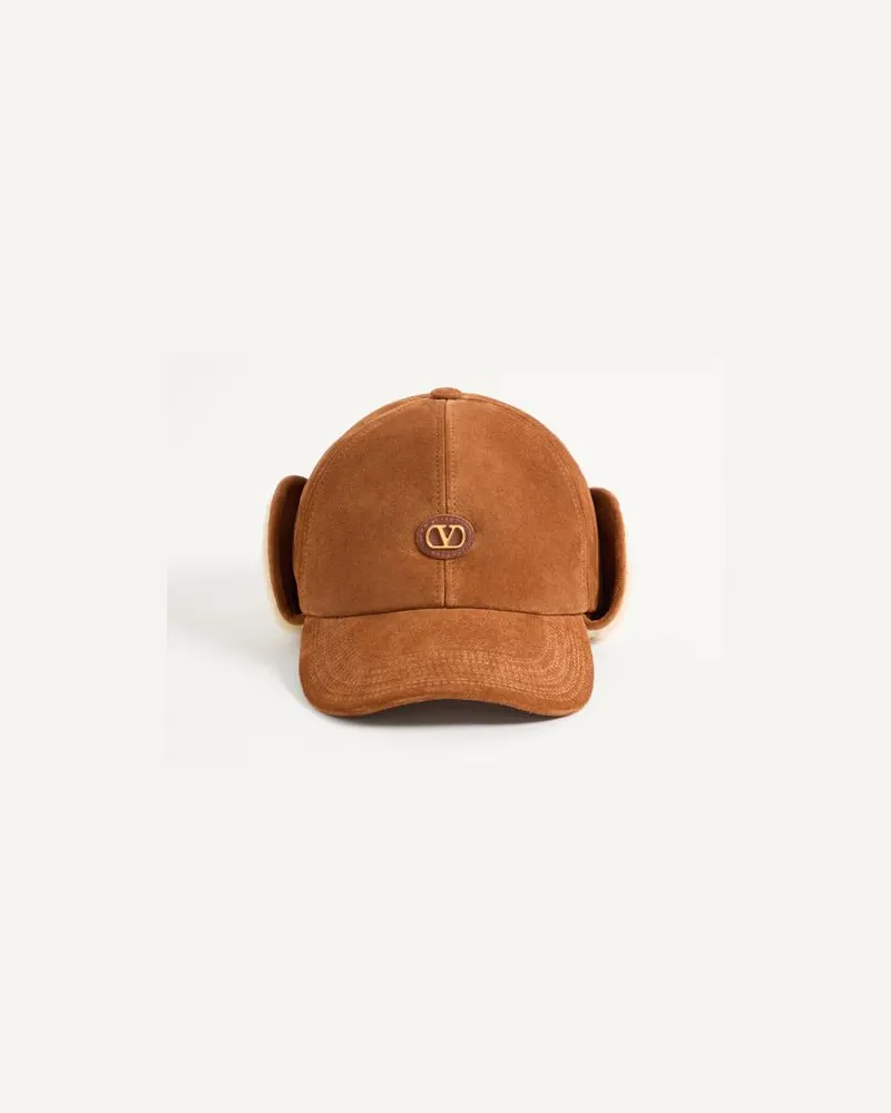 Valentino Garavani Valentino Garavani VLogo Signature Baseball Cap aus Wildleder und Schafsleder Mann BRAUN/BUTTER Braun