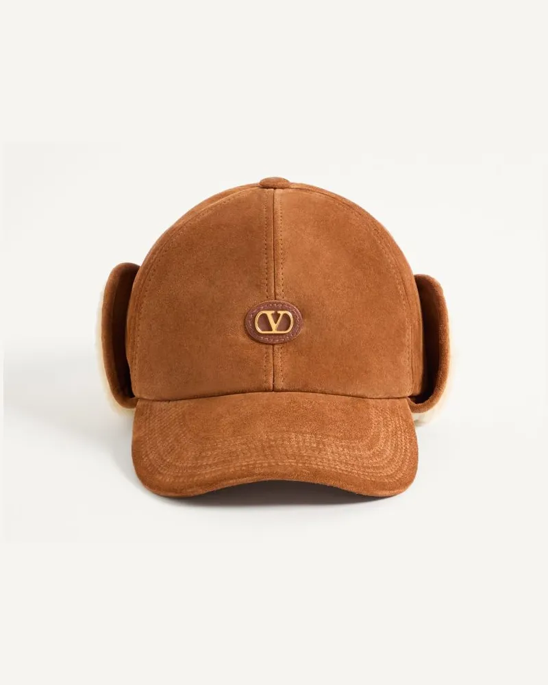 Valentino Garavani Valentino Garavani VLogo Signature Baseball Cap aus Wildleder und Schafsleder Mann BRAUN/BUTTER Braun
