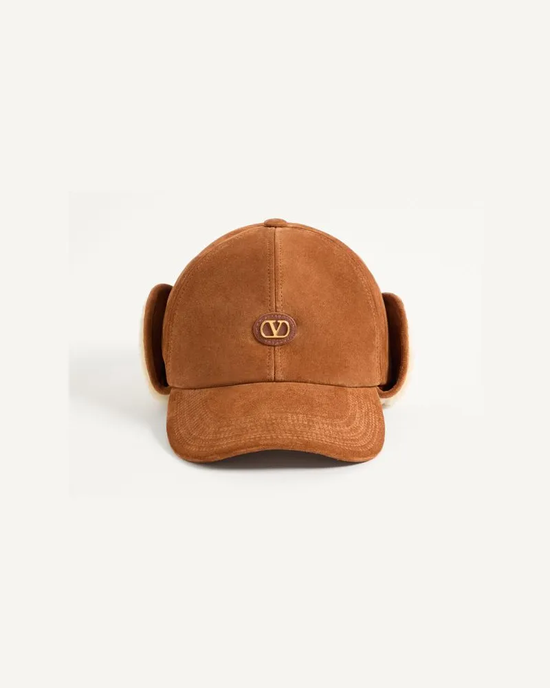Valentino Garavani Valentino Garavani VLogo Signature Baseball Cap aus Wildleder und Schafsleder Mann BRAUN/BUTTER Braun