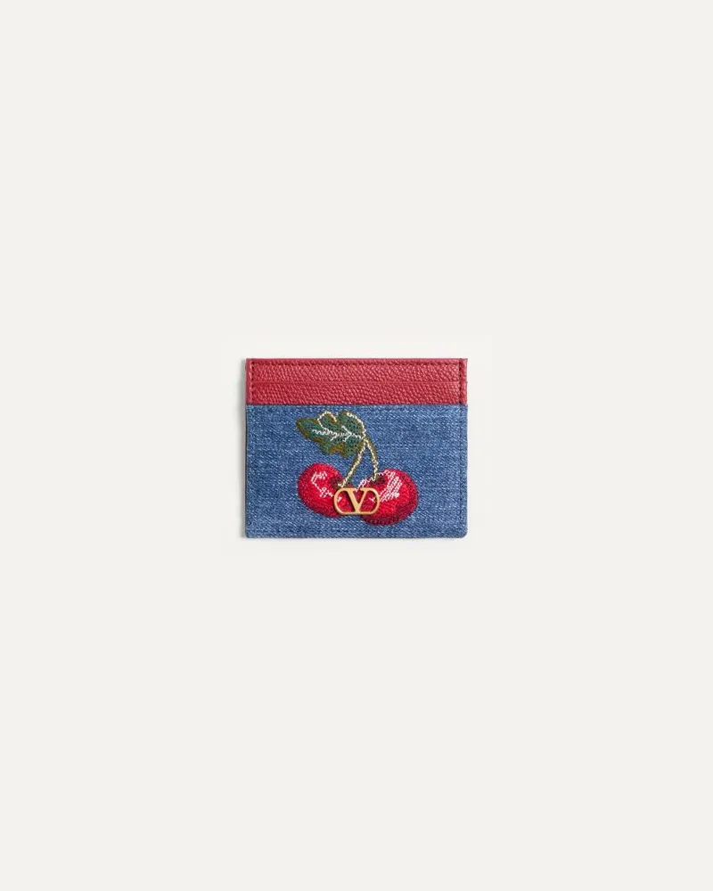 Valentino Garavani VLogo Signature Denim-Kartenhalter Mit Cherryfic-Stickerei Frau DENIM/MULTICOLOR Denim