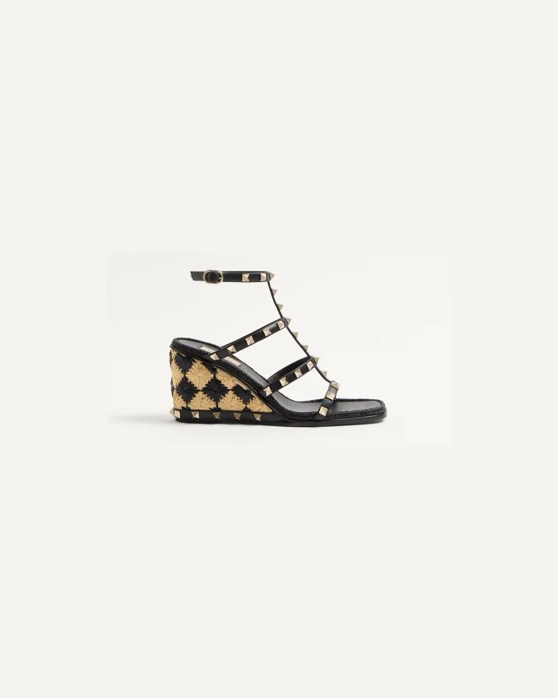 Valentino Garavani Rockstud Wedges Aus Kalbsleder Mit Karo-Stickerei 80 Mm Frau SCHWARZ/NATUR Schwarz