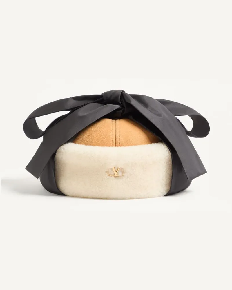 Valentino Garavani Vlogo Signature Schaffellmütze Frau ELFENBEIN/BEIGE/SCHWARZ Elfenbein