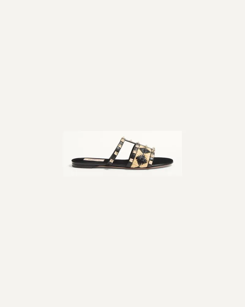 Valentino Garavani Rockstud Slide Sandale mit Raffia-Karo-Stickerei Frau NATUR/SCHWARZ Natur
