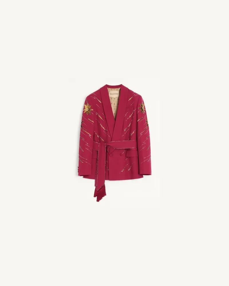 Valentino Garavani Valentino Bestickte Jacke mit Gürtel aus Grain de Poudre-Wolle Mann KIRSCHROT Kirschrot