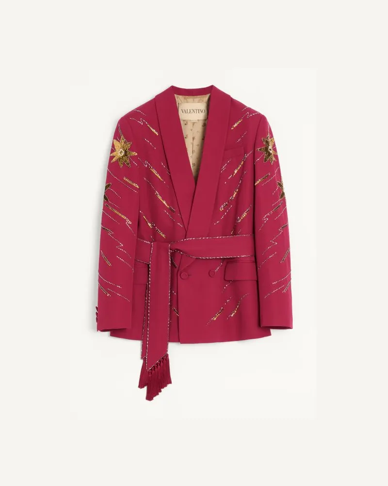 Valentino Garavani Valentino Bestickte Jacke mit Gürtel aus Grain de Poudre-Wolle Mann KIRSCHROT Kirschrot