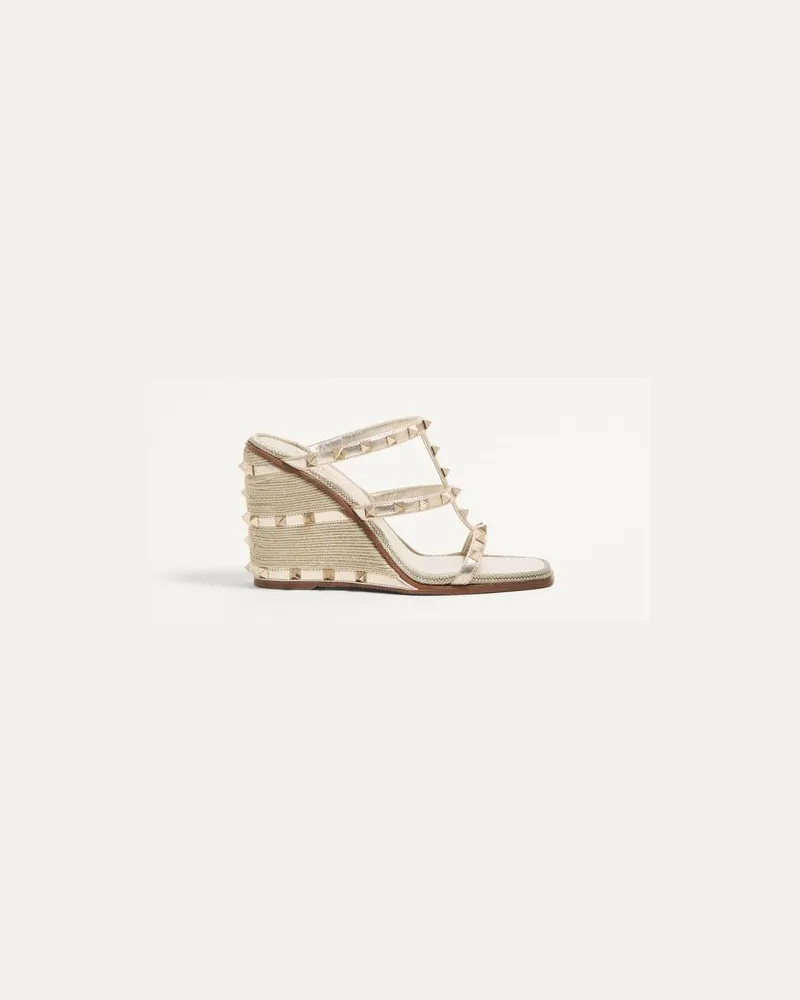 Valentino Garavani Rockstud Wedge-Sandalen Aus Laminiertem Nappaleder Mit Cornely-Stickerei 100 Mm Frau PLATIN Platin