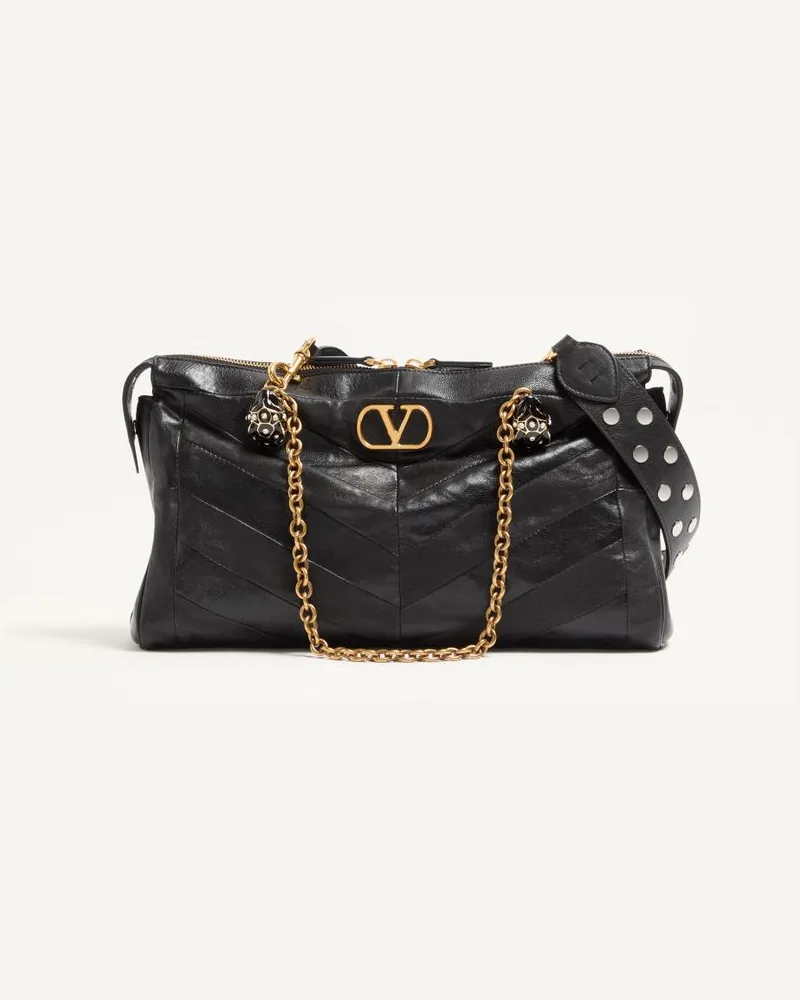 Valentino Garavani Valentino Garavani Panthea Schultertasche Aus Glänzendem Und Mattem Nappaleder Mit Patchwork-Design Und Chevron-Muster Frau SCHWARZ Schwarz