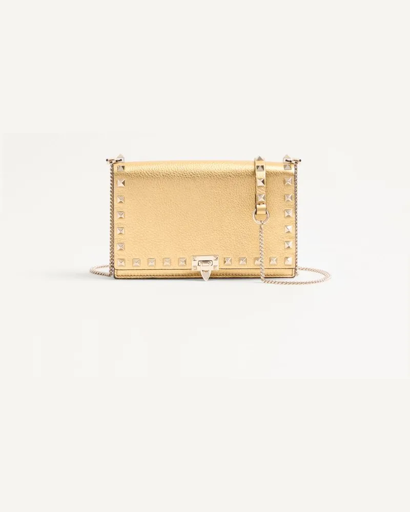 Valentino Garavani Rockstud Minitasche Aus Kalbsleder Mit Kette Aus Laminiertem, Genarbtem Kalbsleder Frau ANTIQUE BRASS Antique
