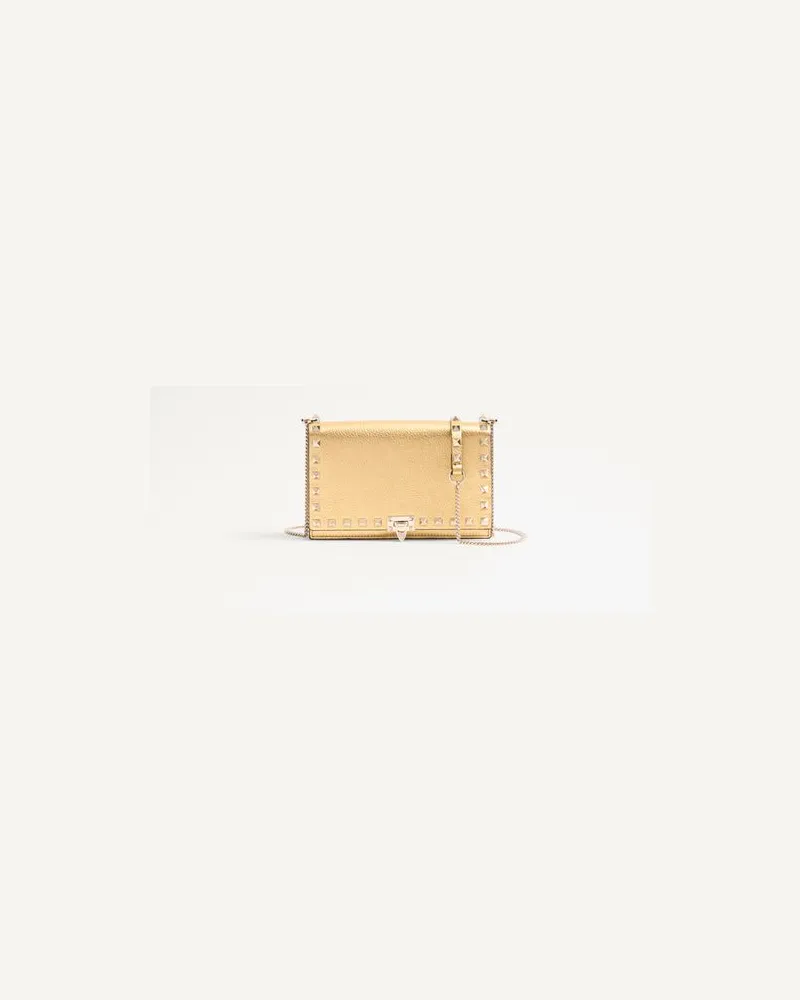 Valentino Garavani Rockstud Minitasche Aus Kalbsleder Mit Kette Aus Laminiertem, Genarbtem Kalbsleder Frau ANTIQUE BRASS Antique