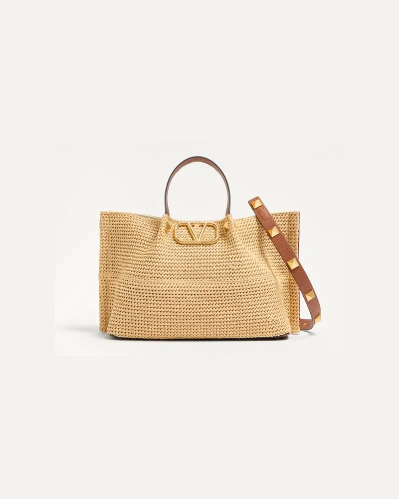 Valentino Garavani Mittelgrosser Shopper Summer Tote Aus Stroh Frau SADDLE BROWN/NATUR/ROUGE PUR Saddle