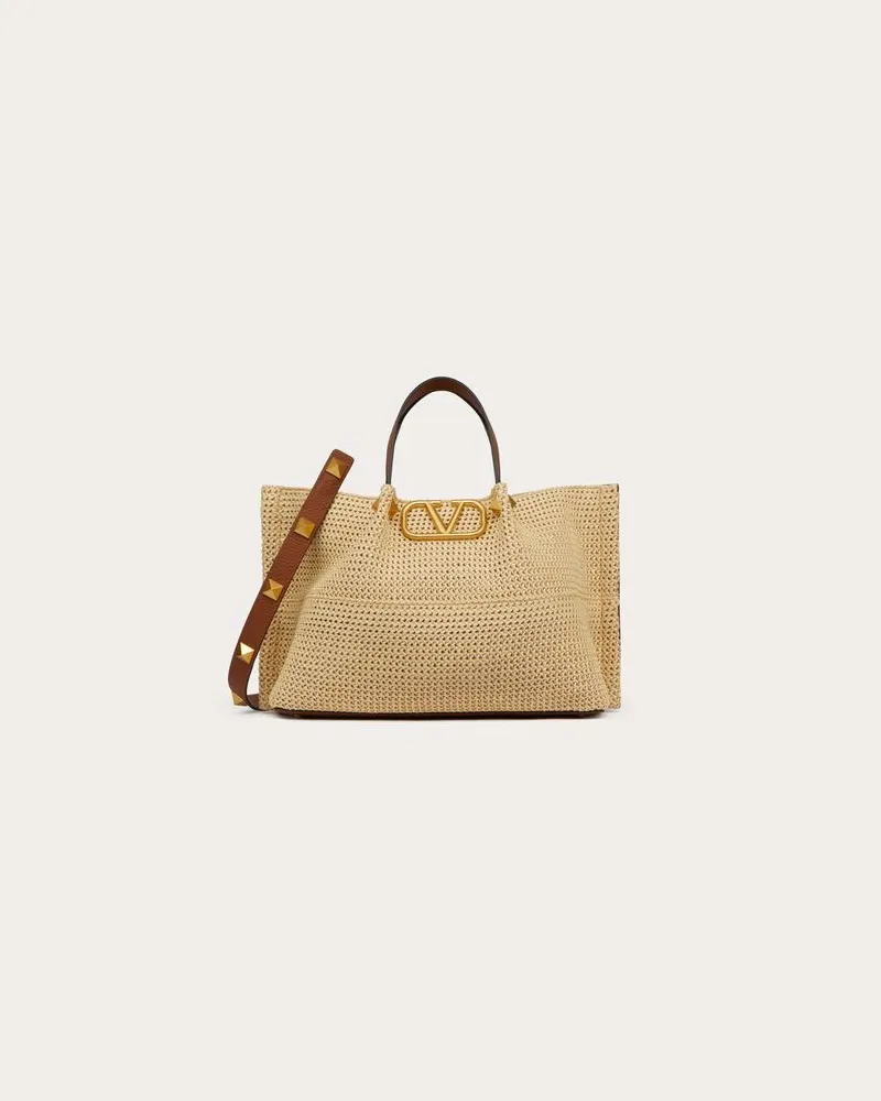 Valentino Garavani Mittelgrosser Shopper Summer Tote Aus Stroh Frau SADDLE BROWN/NATUR/ROUGE PUR Saddle