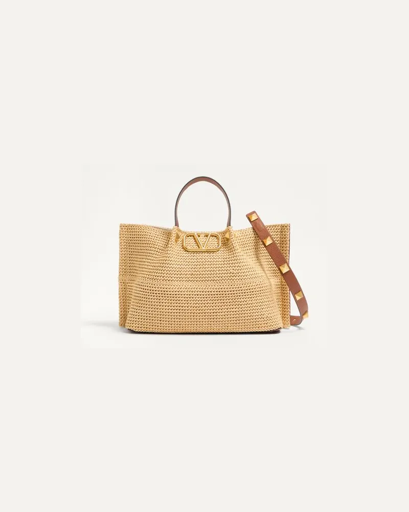 Valentino Garavani Mittelgrosser Shopper Summer Tote Aus Stroh Frau SADDLE BROWN/NATUR/ROUGE PUR Saddle