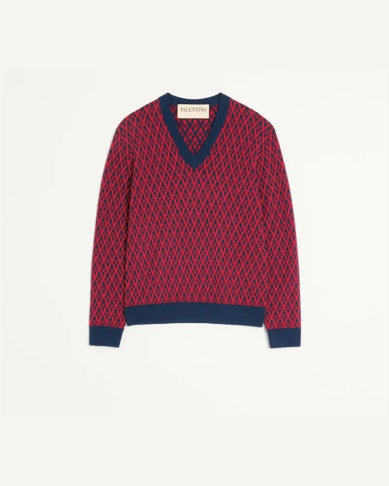 Valentino Garavani Wollpullover Mit Toute La V Jacquard-Muster Mann MARINEBLAU/ ROT Marineblau