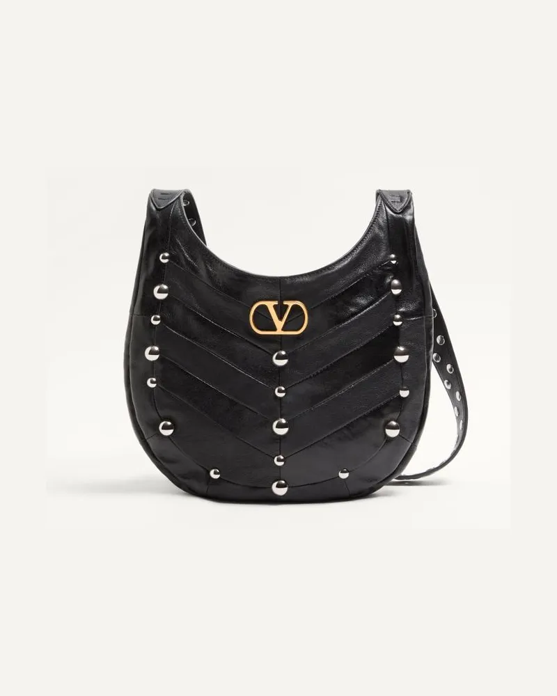 Valentino Garavani Kleine Valentino Garavani Hoboho Hobo Bag Aus Glänzendem Und Mattem Nappaleder Mit Patchwork-Design, Chevron-Muster Und Studs Frau SCHWARZ Schwarz