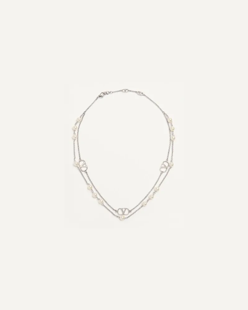 Valentino Garavani Vlogo Signature Halskette Aus Metall Mit Swarovski®-Perlen Frau PALLADIUM/CREME Palladium