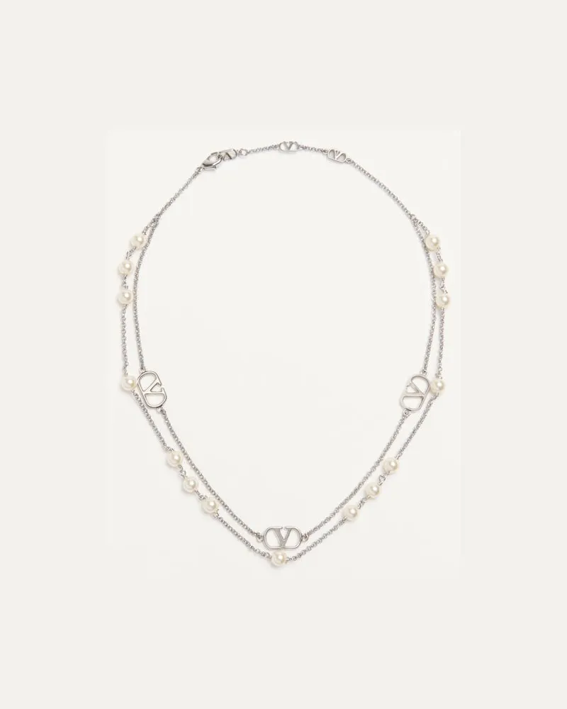 Valentino Garavani Vlogo Signature Halskette Aus Metall Mit Swarovski®-Perlen Frau PALLADIUM/CREME Palladium