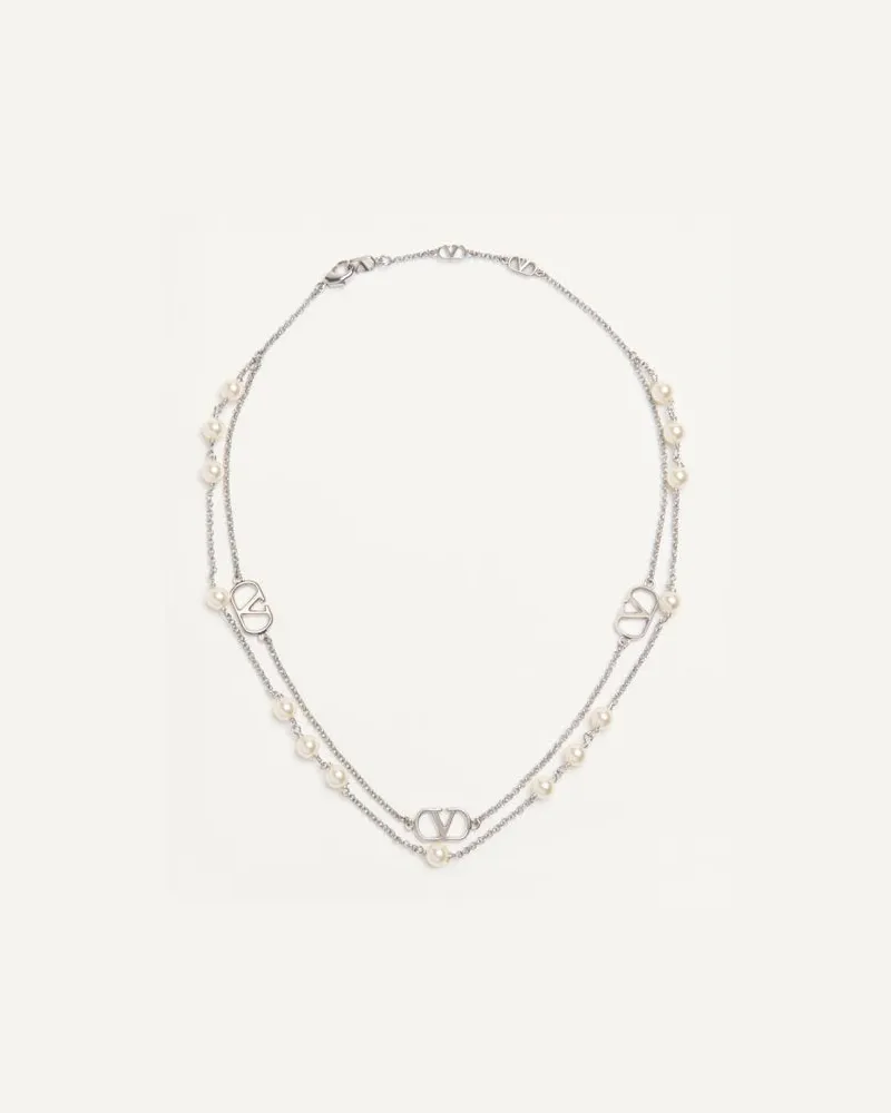 Valentino Garavani Vlogo Signature Halskette Aus Metall Mit Swarovski-Perlen Frau PALLADIUM/CREME Palladium