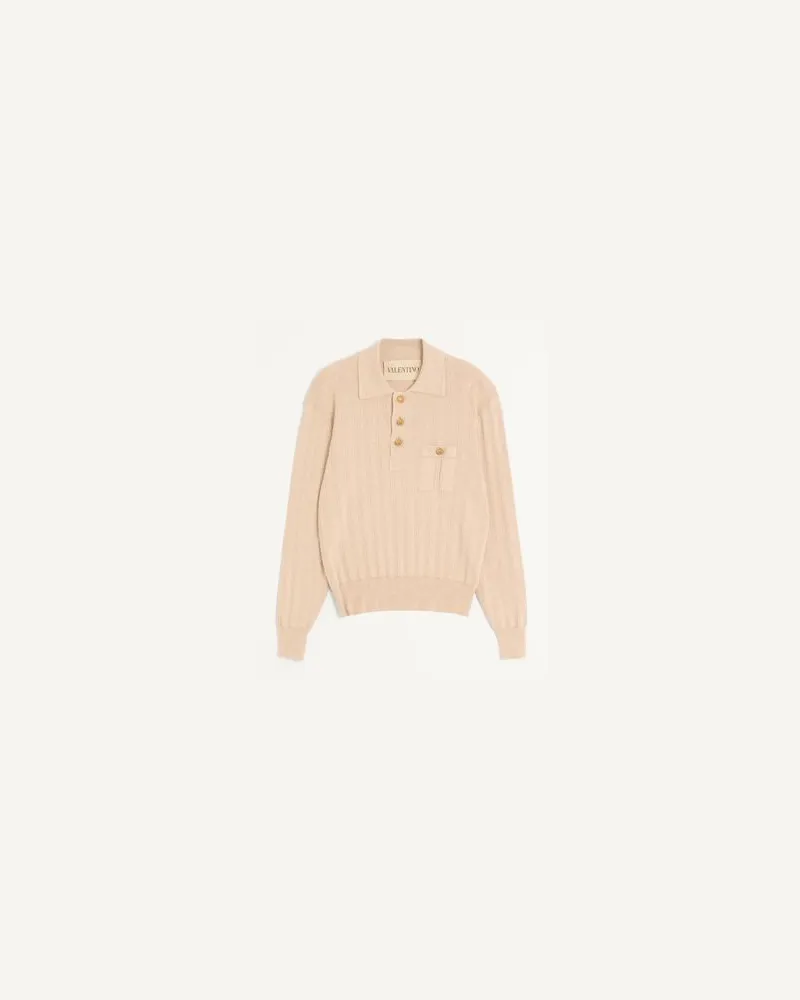 Valentino Garavani Langarm-Poloshirt Aus Gerippter Baumwolle Mann CREME Creme