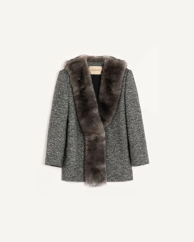 Valentino Garavani Einreihige Cabanjacke aus Chevron Bouclé mit Lammfell Frau WEISS/ SCHWARZ Weiss