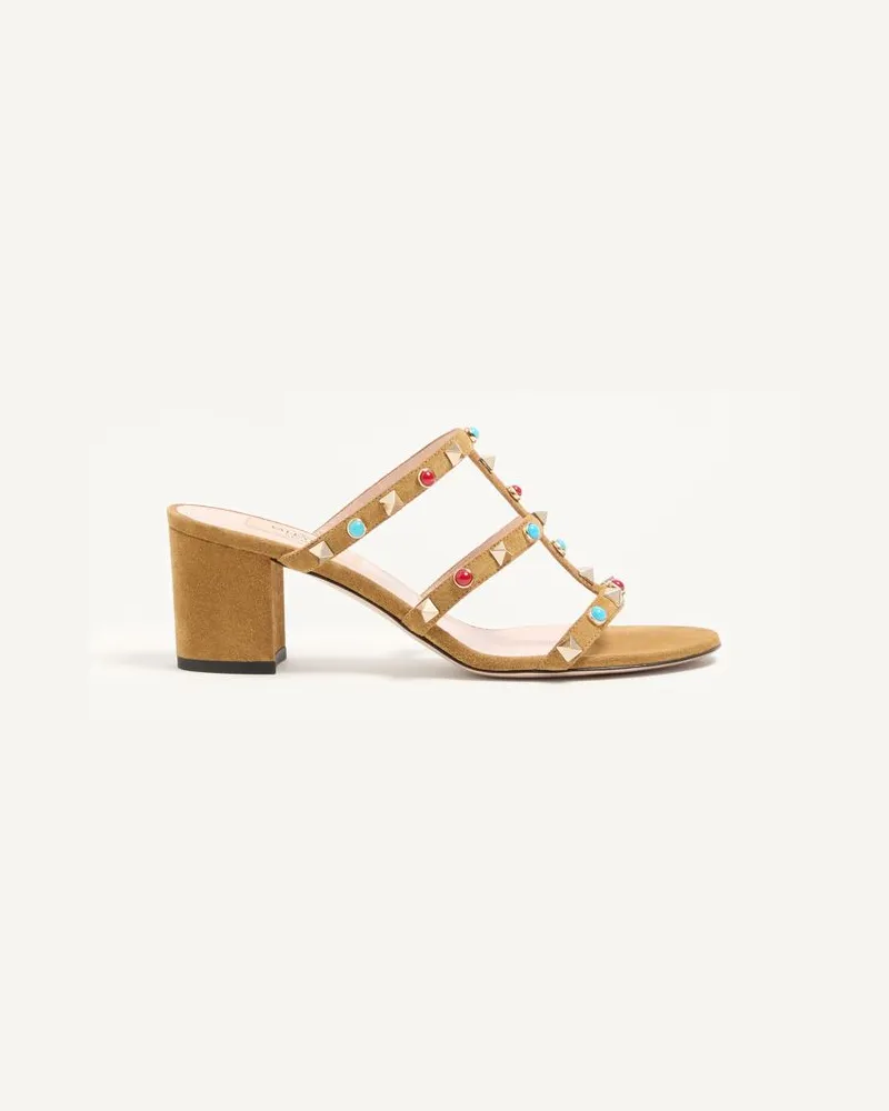 Valentino Garavani Rockstud Slide Sandalen aus Wildleder mit Cabochon-Steinen 60 mm Frau HAVANA BEIGE Havana