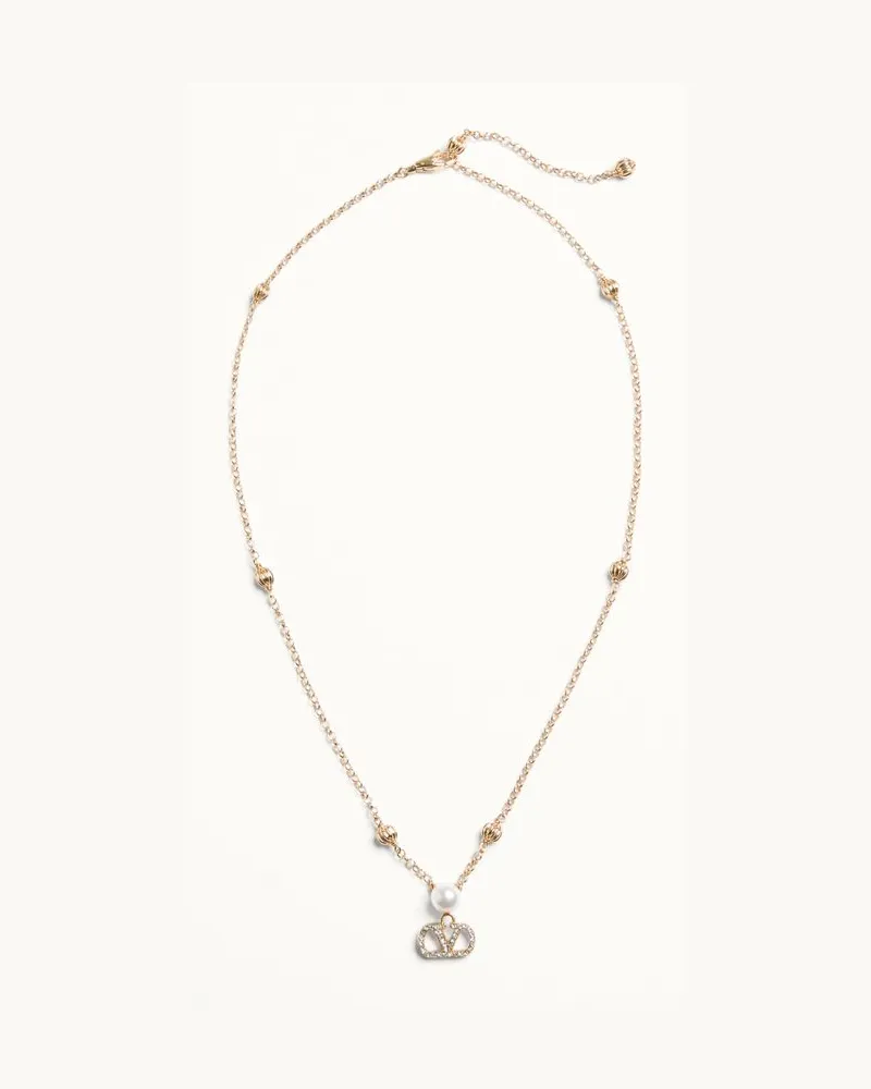 Valentino Garavani VLogo Signature Halskette Aus Metall, Perlen Und Swarovski-Kristallen Frau GOLD/CREME/CRYSTAL Gold