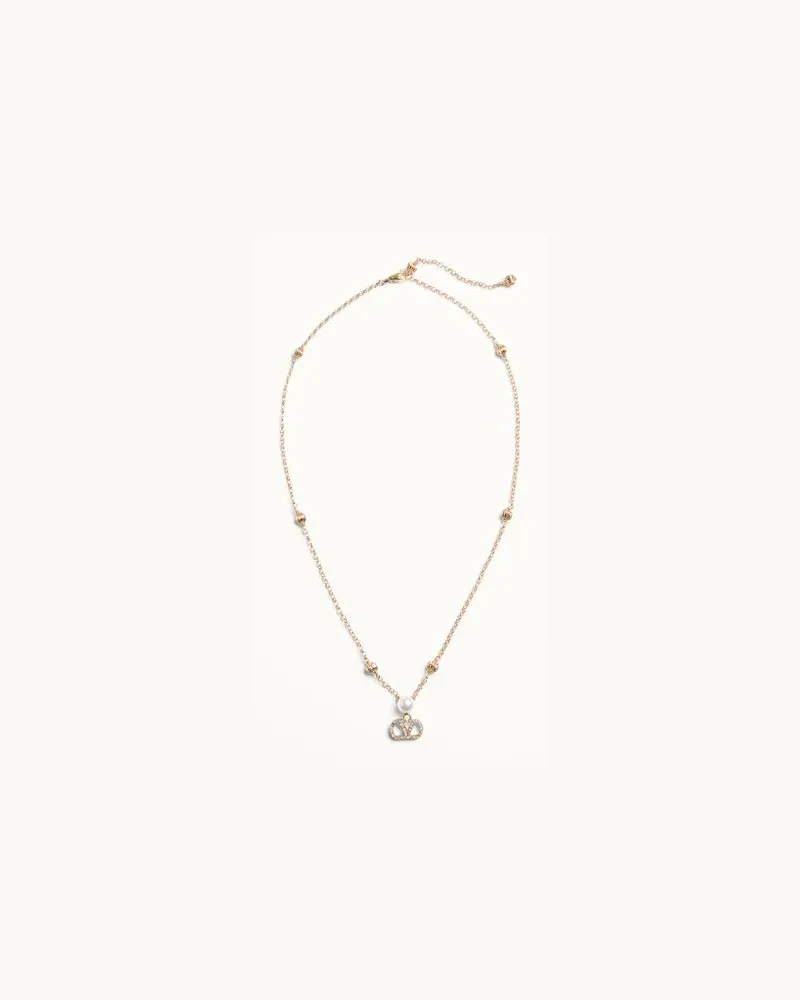 Valentino Garavani VLogo Signature Halskette aus Metall, Perlen und Swarovski®-Kristallen Frau GOLD/CREME/CRYSTAL Gold