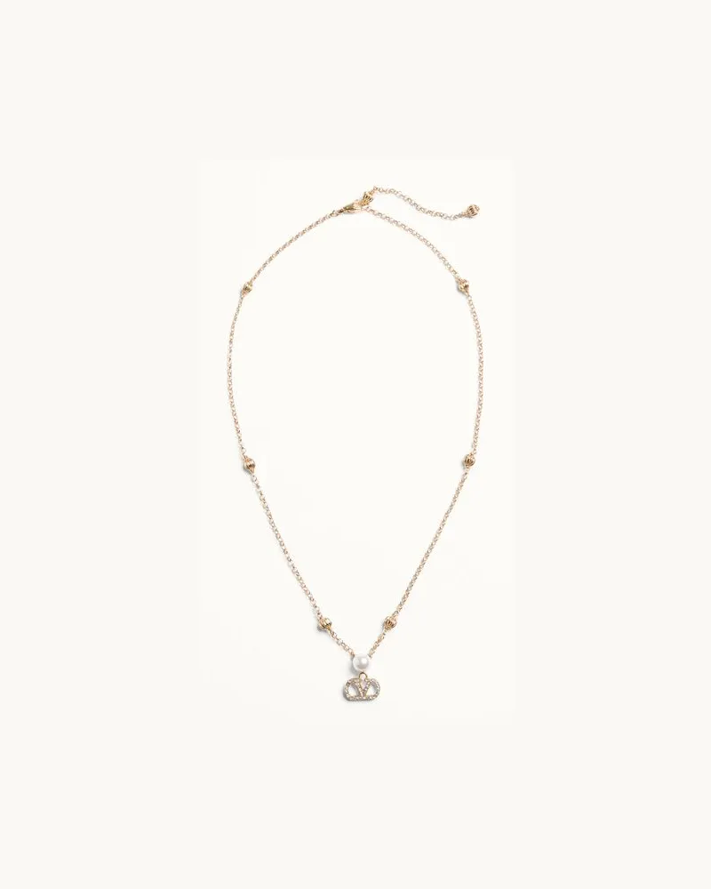 Valentino Garavani VLogo Signature Halskette aus Metall, Perlen und Swarovski®-Kristallen Frau GOLD/CREME/CRYSTAL Gold