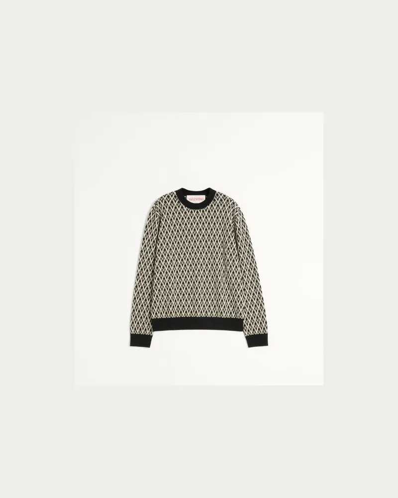 Valentino Garavani Wollpullover Mit Rundhalsausschnitt Und Toute La V Jacquardmuster Mann SCHWARZ/CREME Schwarz