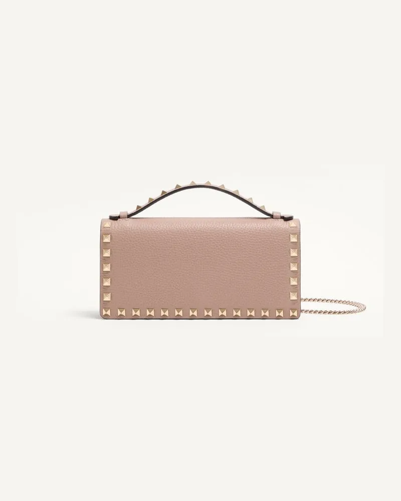 Valentino Garavani Rockstud Geldbörse Mit Kette Aus Genarbtem Kalbsleder Frau POUDRE Poudre