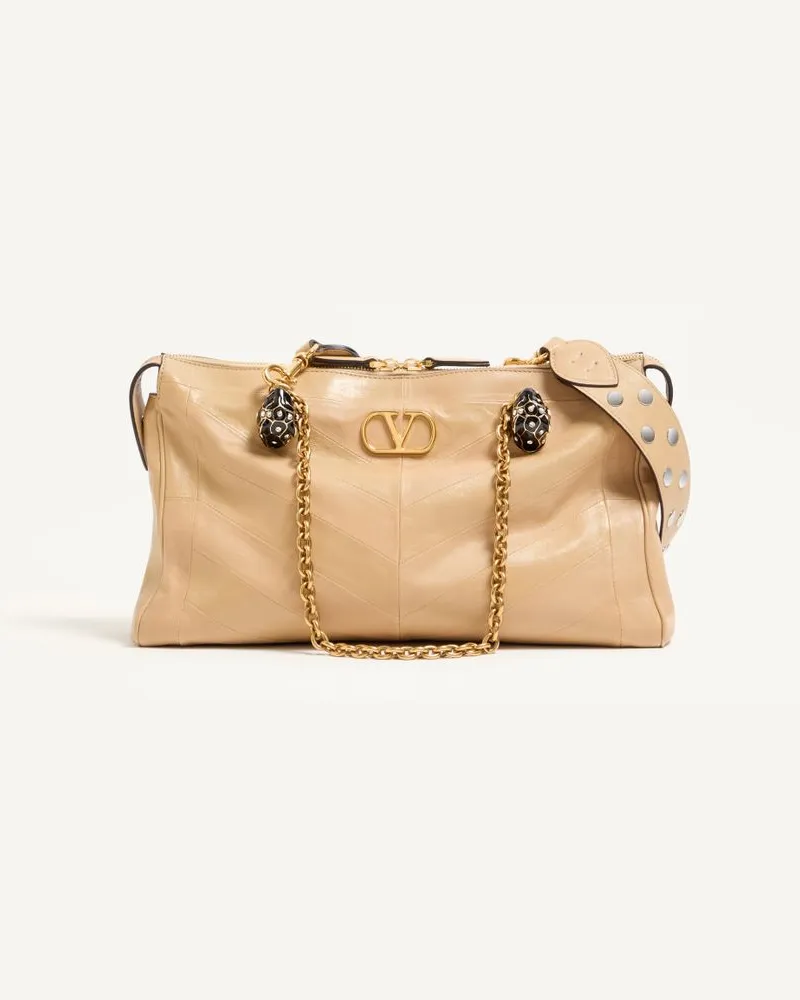 Valentino Garavani Valentino Garavani Panthea Schultertasche Aus Glänzendem Und Mattem Nappaleder Mit Patchwork-Design Und Chevron-Muster Frau GOLD BEIGE Gold