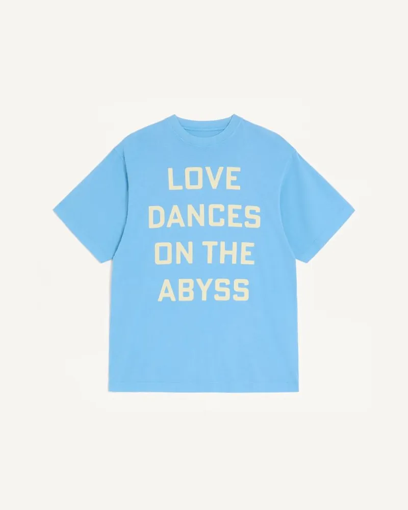 Valentino Garavani Valentino T-Shirt aus Baumwolle mit „Love Dances on the Abyss"- und „Made in Valentino"-Print Mann HIMMELBLAU Himmelblau