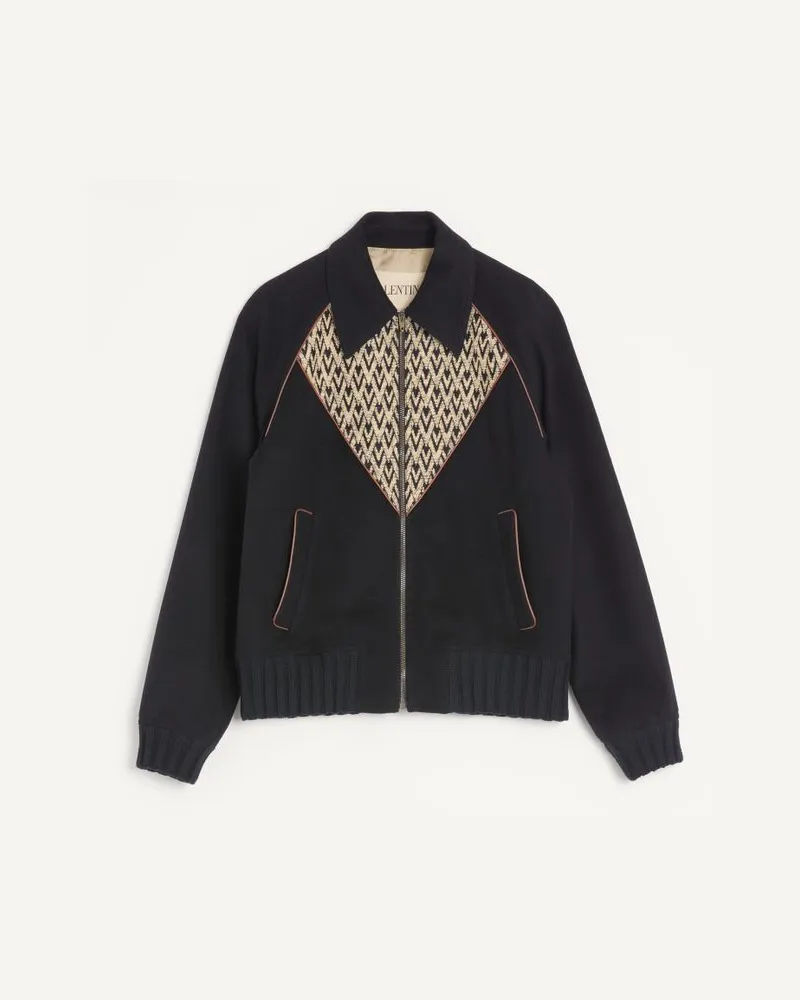 Valentino Garavani Valentino Bomberjacke aus Wolle und Kaschmir mit V-Intarsien und Toute La V Jacquardmuster Mann SCHWARZ Schwarz