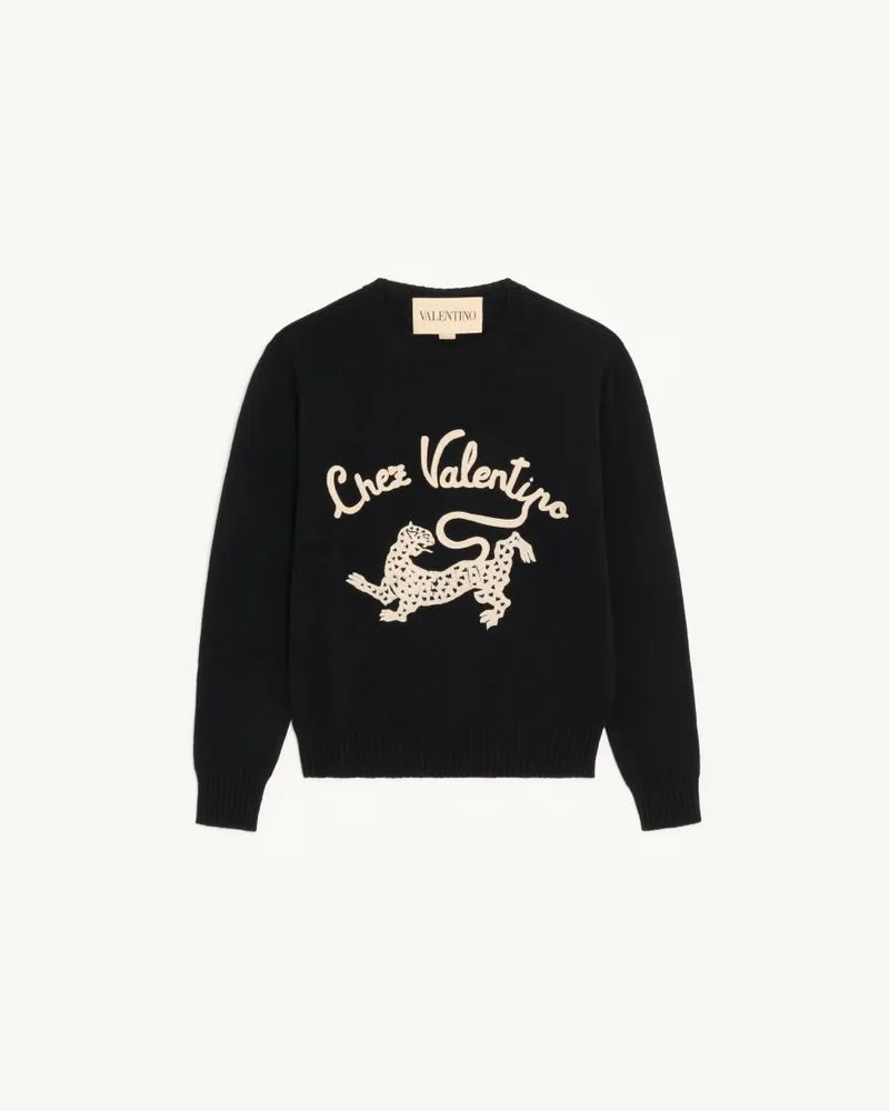 Valentino Garavani Valentino Wollpullover mit Chez Valentino & Panther-Stickerei Mann SCHWARZ Schwarz