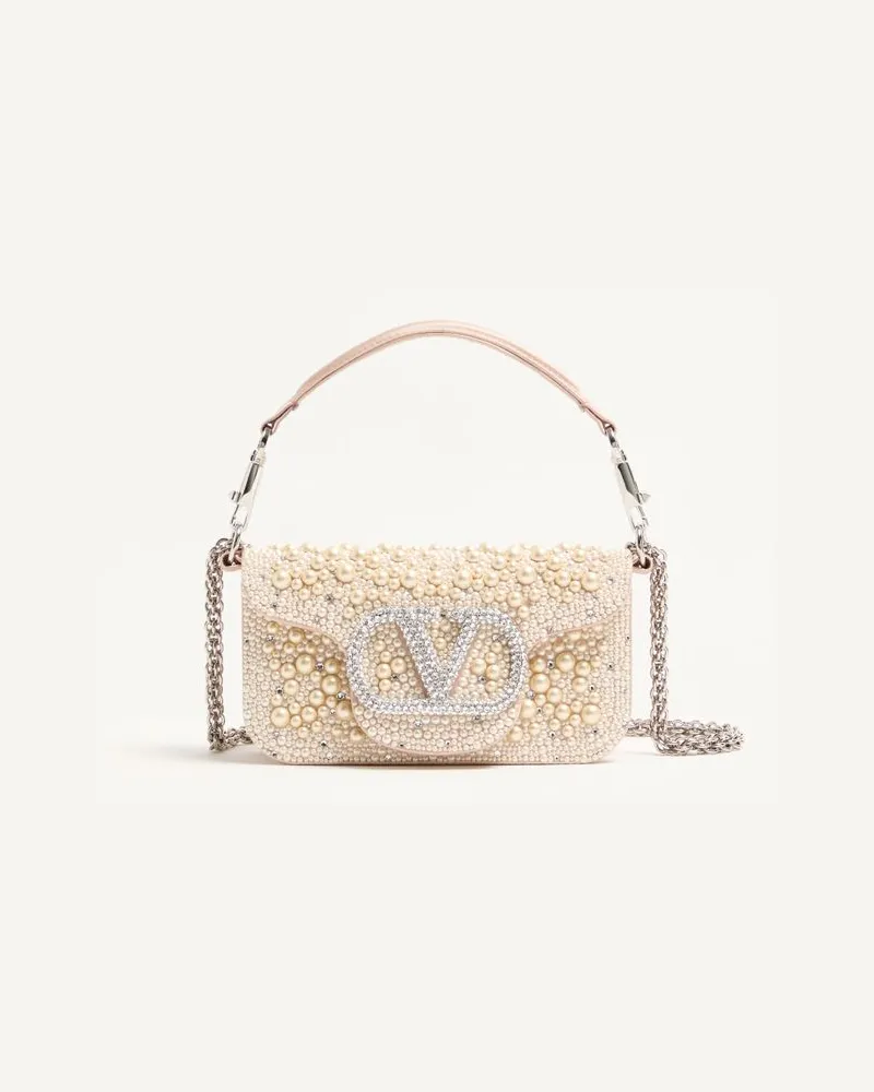 Valentino Garavani Kleine Valentino Garavani Locò Schultertasche mit Perlen, Strass und Schmucklogo Frau CREME Creme