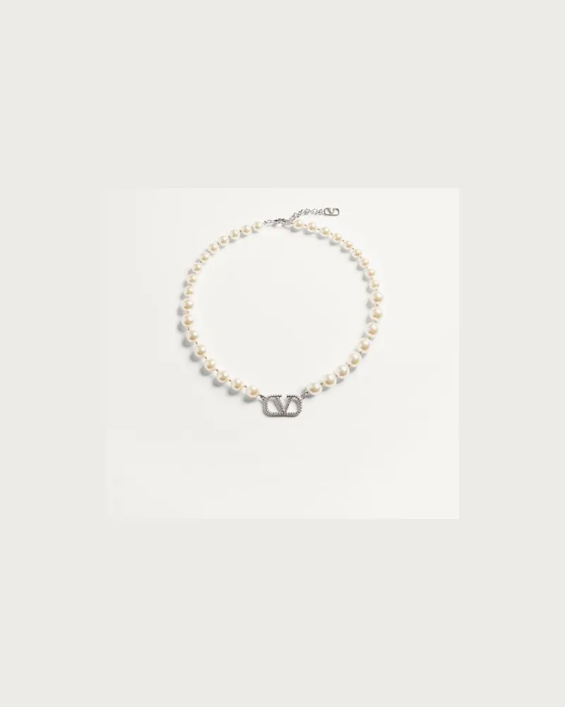 Valentino Garavani Kette Vlogo Signature Mit Swarovski®-Kristallen Und Perlen Frau PALLADIUM/CREME Palladium
