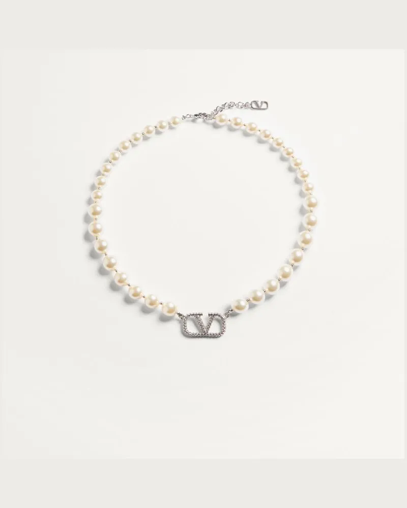 Valentino Garavani Kette Vlogo Signature Mit Swarovski-Kristallen Und Perlen Frau PALLADIUM/CREME Palladium
