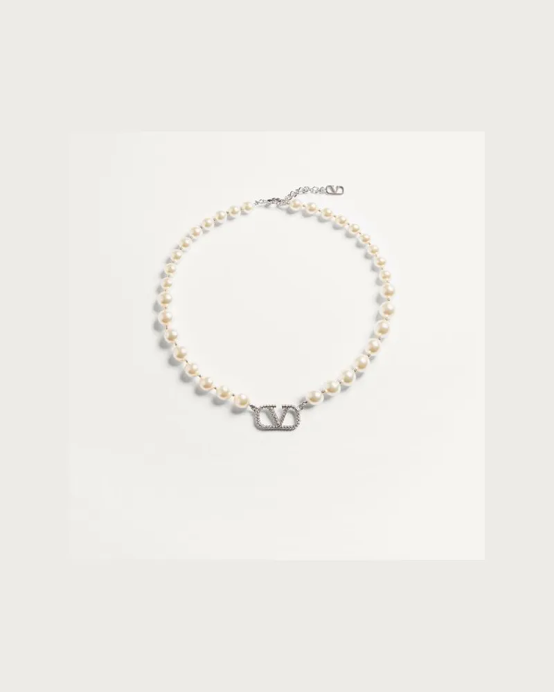 Valentino Garavani Kette Vlogo Signature Mit Swarovski®-Kristallen Und Perlen Frau PALLADIUM/CREME Palladium