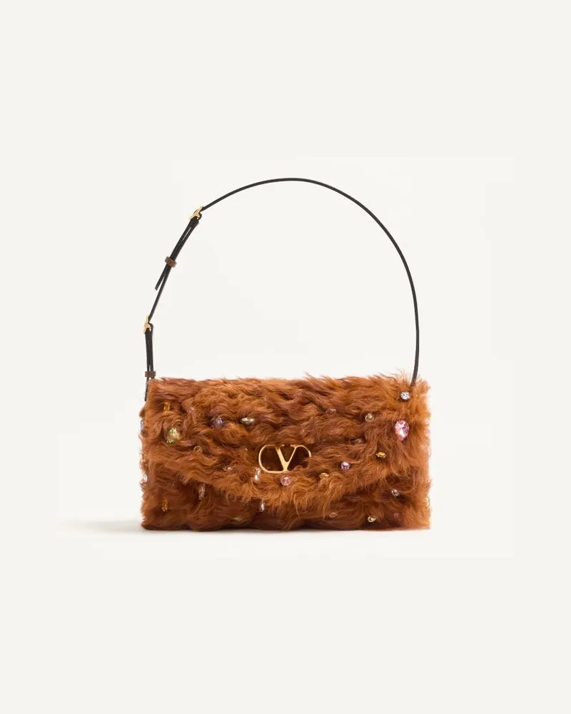 Valentino Garavani Valentino Garavani Devain, Kleine Schultertasche Aus Lammfell Mit Strasssteinen Und Metallic VLogo Signature-Detail Frau BRAUN/MEHRFARBIG Braun