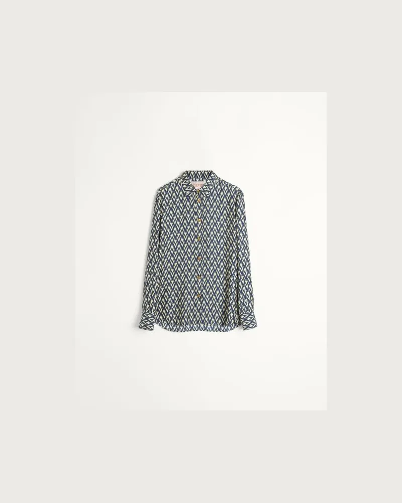 Valentino Garavani Hemd Aus Seiden-Twill Mit Toute La V-Print Mann MARINEBLAU/CREME Marineblau